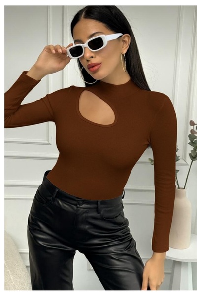 Chicup Aura Women's Brown Window Detailed Corded Fabric Knitted Blouse