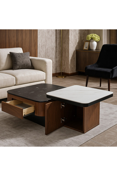 Vi Markets طقم طاولات عصري يجمع بين سطح رخامي أبيض وأسود مع قاعدة خشبية أنيقة.