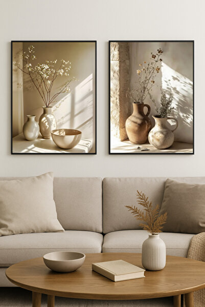 sayetablo Olivio - Gerçek Cama Baskılı Siyah Alüminyum Metal Çerçeveli 2'li S...