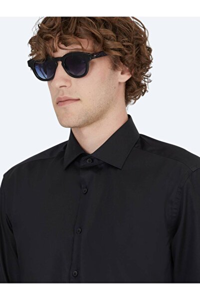 Kip Black Plain Regular Fit Woven Classic 100% Cotton Shirt
