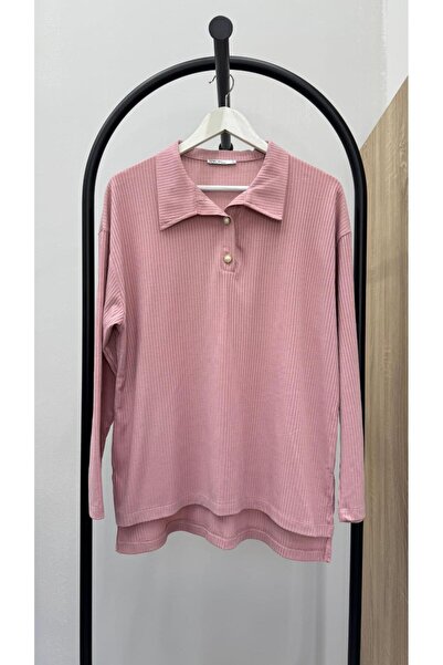 Koza Butik Women's Plus Size Shirt Collar Buttoned Ribbed Knit Fabric Tracksuit Set 8232-26