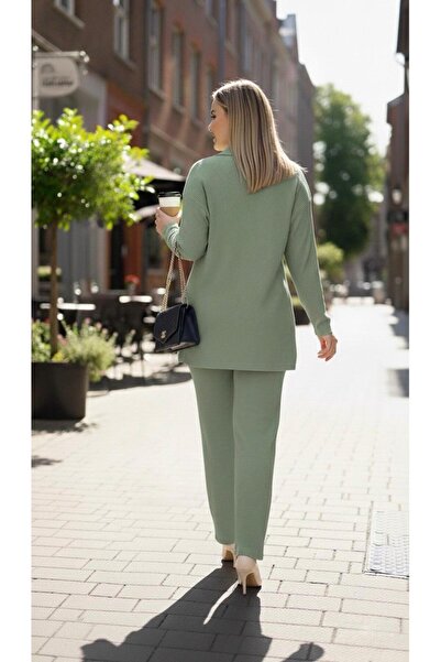 Koza Butik Women's Plus Size Shirt Collar Buttoned Ribbed Knit Fabric Tracksuit Set 8232-26