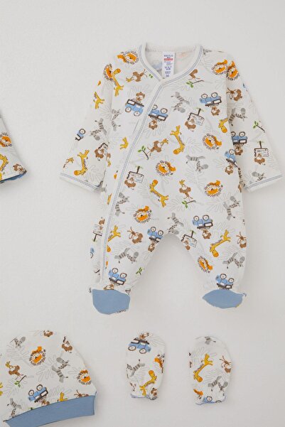 Breeze Baby Boy Hospital Release 8-Piece Safari Adventure Cute Animals Patterned 0-3 Months, Ecru