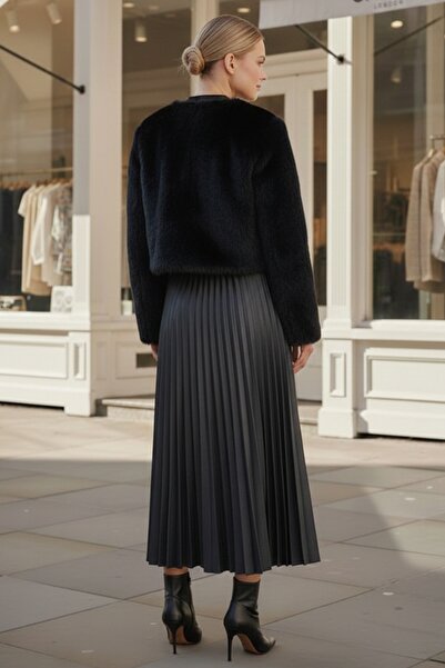 Chiccy Anthracite Skirt Pleated Elastic Waist Casual Faux Leather Long Woven Skirt 95 60