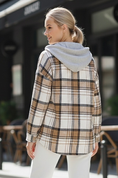 Chiccy Coffee-White Hooded Long Sleeve Lumberjack Plaid Button Pocket Woven Shirt 68 65