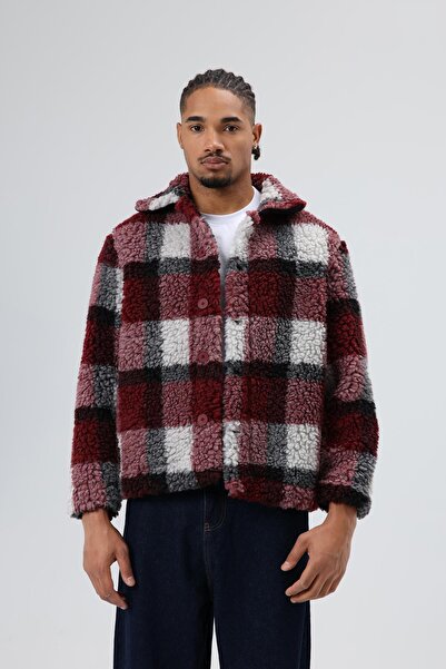 VAMOSCLO Oversized Plush Plaid Jacket Burgundy