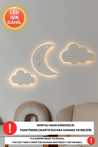 Dekorvin 2Bulut 1 Ay Led Işık Gece Lambası Bebek Çocuk Odası Duvar Dekorasyonu Aydınlatma Ahşap Gece Lambası