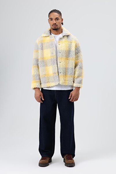 VAMOSCLO Oversized plush plaid jacket yellow