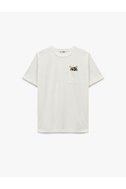 Koton Pocket Detailed Short Sleeve Crew Neck Cotton Cat Embroidered Oversized T-Shirt
