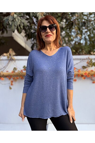 DenizEge Soft Textured Glitter Knitwear Indigo Blue