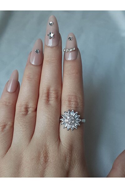 byliora Gümüş Çelik Dönen Stres Çarkı Çiçekli Ayarlanabilir Yüzük