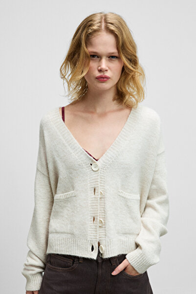 GRIMELANGE Esencia Women's V-Neck Long Sleeve Buttoned Pocketed Soft Textured Regular Knitwear Ecru Sweater