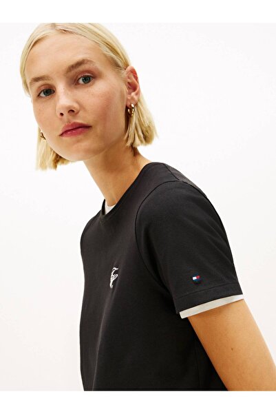 Tommy Hilfiger Women's Brand Logo Detailed Striped Regular Fit Short Sleeve Black T-Shirt Ww0Ww47809-Bds