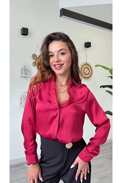 modadagiyim Red Women's Satin Lace Detail Premium Shirt