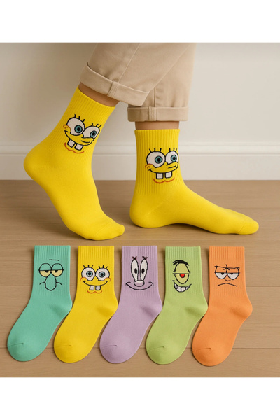 REYNBOO SOCKS 5 Çift Unisex Sünger Bob Desenli Çoklu Renkli Yıkamalı Kolej Çorap