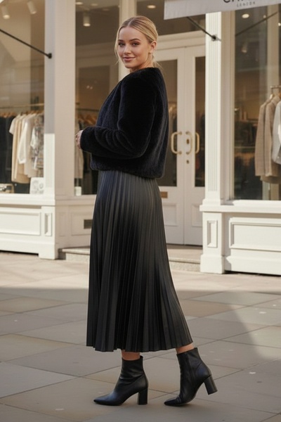Chiccy Μαύρη φούστα με πλισέ ελαστική μέση casual από συνθετικό δέρμα μακριά υφαντή φούστα 95 60