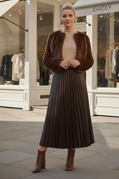 Chiccy Καφέ φούστα με πλισέ ελαστική μέση casual από συνθετικό δέρμα μακριά υφαντή φούστα 95 60
