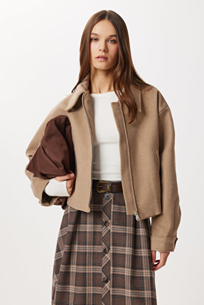 Lovelyİstanbul Polo Collar Zippered Cashmere Jacket Loh0017 Beige