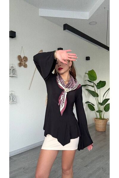 modadagiyim Burgundy Scarf Detail Asymmetrical Cut Spanish Sleeve Very Stylish Blouse