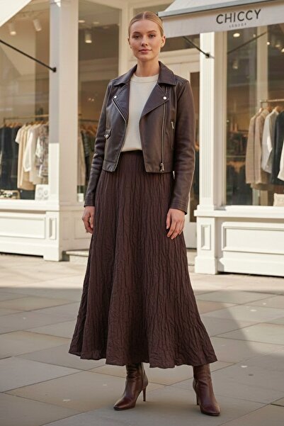 Chiccy Καφέ ελαστική μέση casual μακριά υφαντή φούστα 95 60