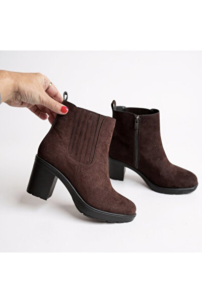 NE&VE SHOES Kahve Süet Hakiki Deri Lastik Detaylı Kadın İçten Fermuarlı Bot