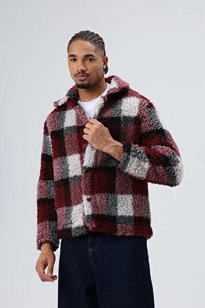 VAMOSCLO Oversized Plush Plaid Jacket Burgundy