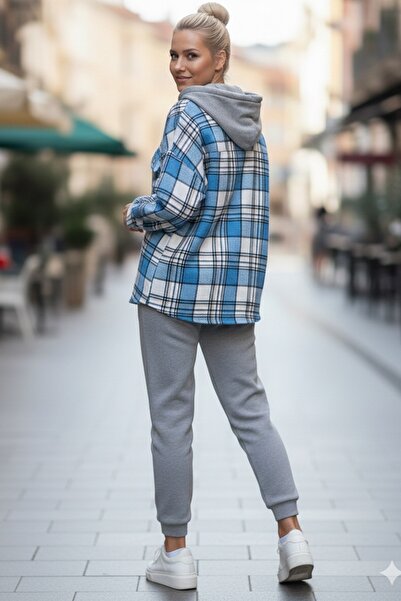 Chiccy Cămașă țesătă în carouri cu mânecă lungă, albastru cu glugă 68 65