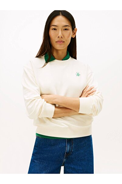Tommy Hilfiger Kadın Pamuklu Bisiklet Yaka Uzun Kollu Bej Sweatshirt WW0WW49418-AEF