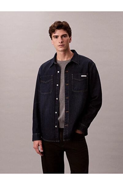 Calvin Klein Men's Shirt with Collar, Loose Sleeves, Detailed Button Closure, Navy Blue Shirt Lv04Rd709G-Zyc