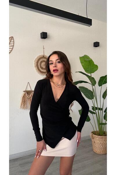 modadagiyim Red V-Neck Side Buckle Detail Asymmetrical Cut Very Stylish Long Sleeve Blouse