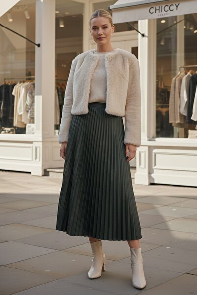 Chiccy Χακί φούστα με πλισέ ελαστική μέση casual από συνθετικό δέρμα μακριά υφαντή φούστα 95 60