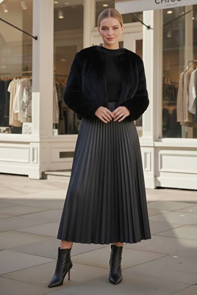 Chiccy Anthracite Skirt Pleated Elastic Waist Casual Faux Leather Long Woven Skirt 95 60