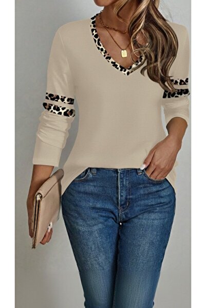 SERERO VOGUE Kadın Uzun Kollu V Yakalı Leopar Desenli Viskon Iki Iplik Bluz