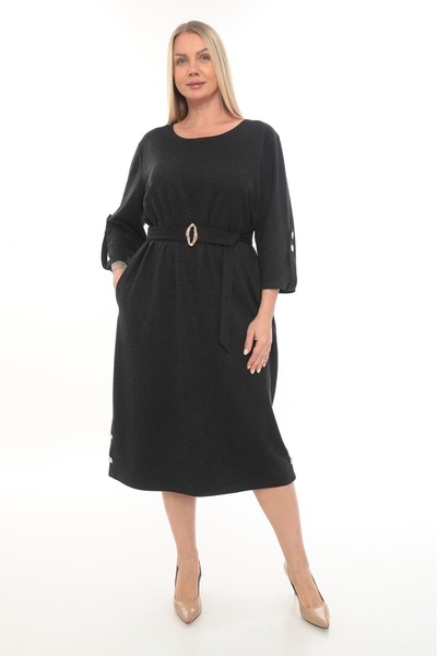 etselements Buckle Belt and Button Detail on Side and Sleeve Dress Ets7249