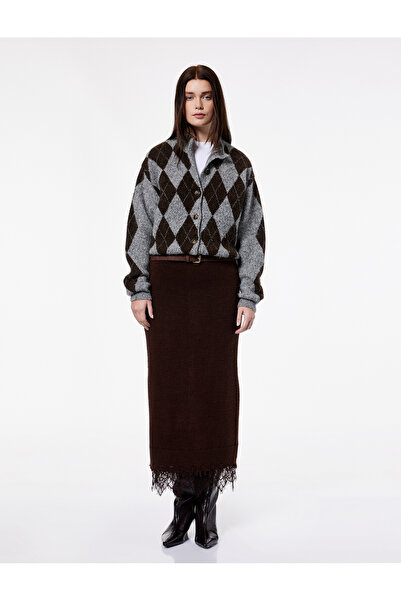 Koton X Şahika Ercümen - Long Knit Pencil Skirt with Slit and Lace Detail