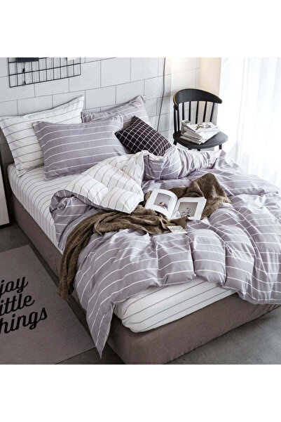 trendyhome Double Bed Linen Set, Satin Cotton, 4 Pieces – Stripes, Gray/White