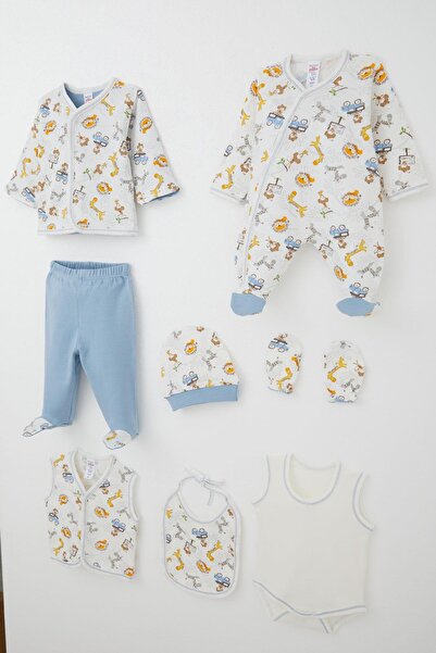 Breeze Baby Boy Hospital Release 8-Piece Safari Adventure Cute Animals Patterned 0-3 Months, Ecru