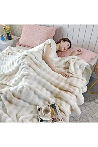 trendyhome Pătură din blană artificială de iepure – bej/alb, ondulată, 200×230 cm, N 15162