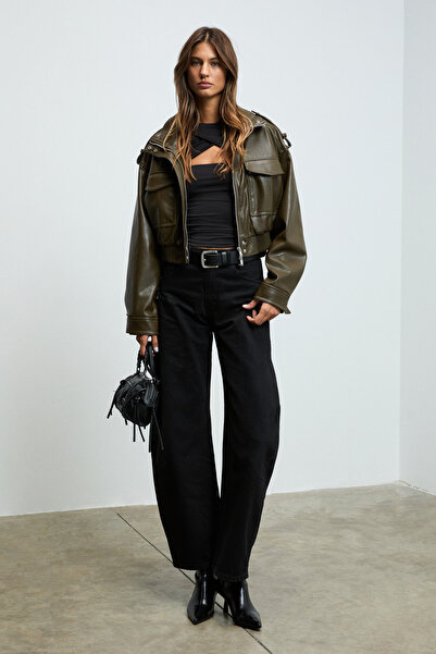 GRIMELANGE Glint Women's Round Neck Front Robe Low-Cut Body-Hugging Stretchy Fabric Black Blouse