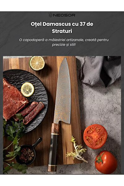 NEOSOR Professional VG10 Damascus Knife, 37 Layers, 60+ HRC Hardness, Octagonal Japanese Handle, Ebony Wood