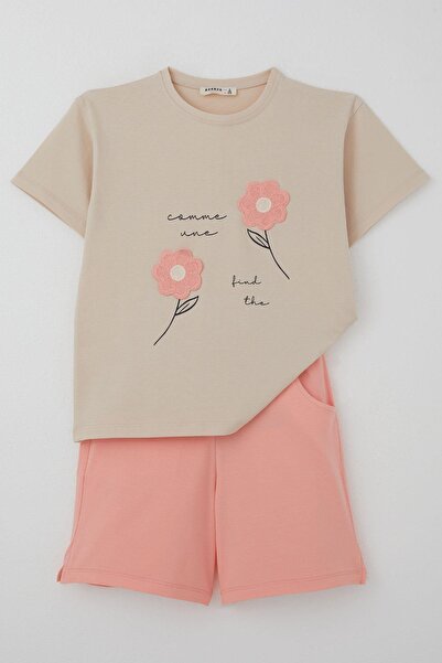 Breeze Girl's Shorts Set Knitted Floral Embroidered 6-12 Years Old, Beige