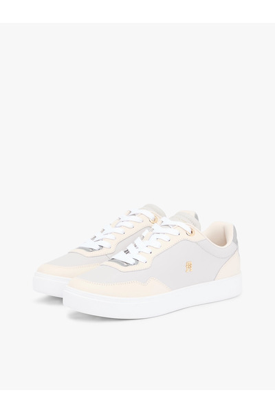 Tommy Hilfiger Women's Leather Comfortable Sole Th Metal Logo Lace-Up Beige Sneaker Fw0Fw09022-0F6