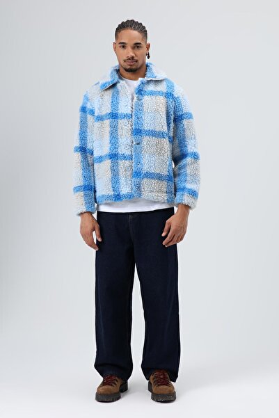 VAMOSCLO Oversized plush plaid jacket blue