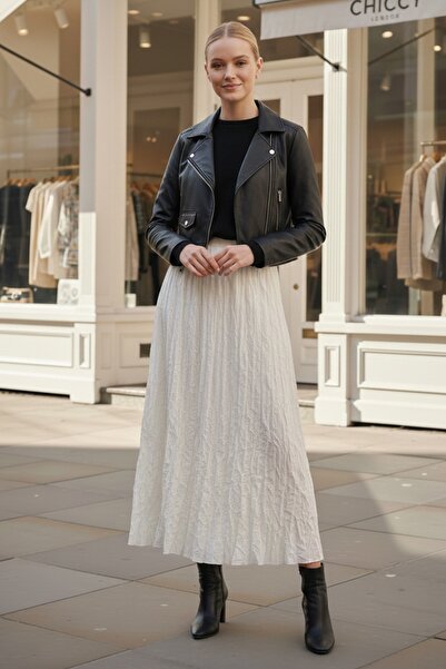 Chiccy Ecru Elastic Waist Casual Crinkle Long Woven Skirt 95 60