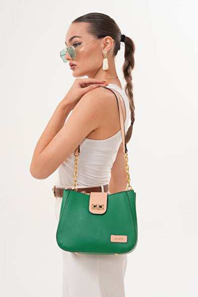 Morpelikan Women's Three-Compartment Lock Closure Adjustable Shoulder and Crossbody Strap Green Shoulder Bag