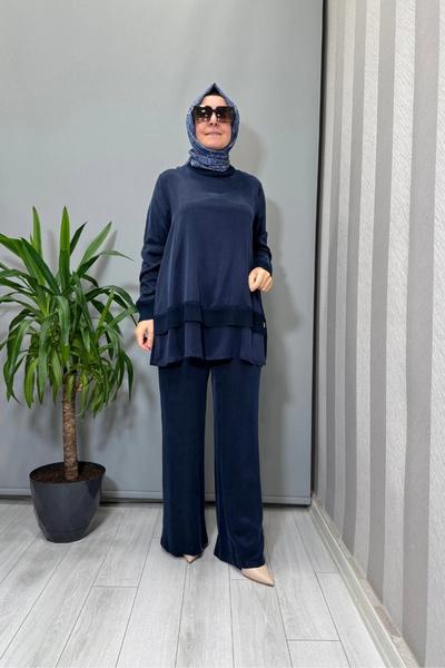 MISS DALIDA Triko Detaylı Cupro İpek Tunik Lacivert T26K-6019