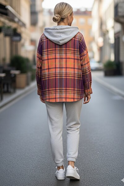 Chiccy Cămașă portocalie cu glugă cu mânecă lungă, în carouri, cu nasturi, cu buzunare, 68 65