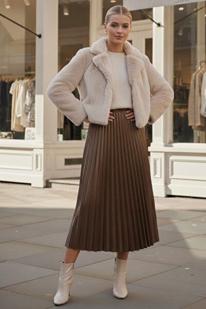 Chiccy Φούστα Camel με πλισέ ελαστική μέση casual από συνθετικό δέρμα μακριά υφαντή φούστα 95 60