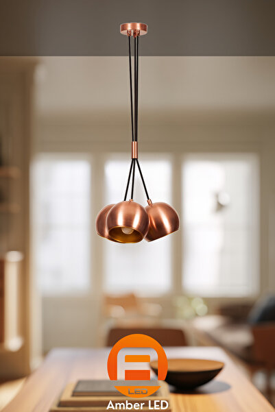 AmberLED Modern Metal Gövdeli 3'lü Tepsi Sarkıt Parlak Bakır E27 Uyumlu