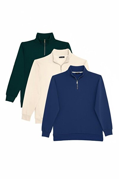 Tudors Unisex 3-Pack Green-Ecru-Navy Blue Relax Fit Cotton Half-Zip Mock Neck Sweatshirt